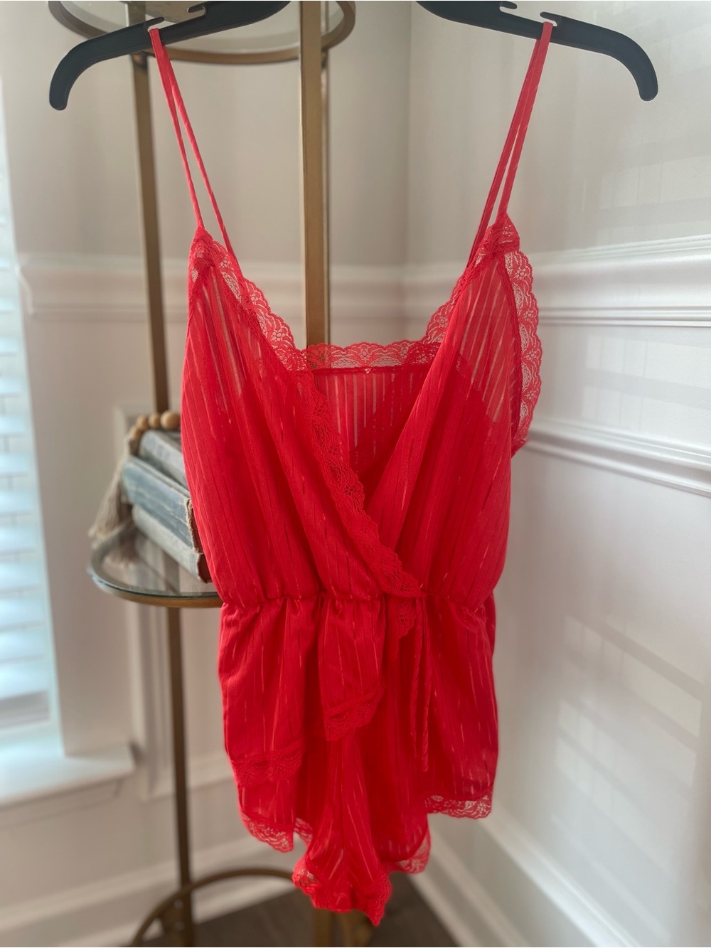 Red Vintage-Style Pinstripe Lace Teddy